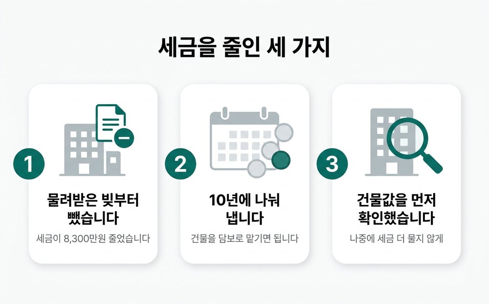 세금을 줄인 세 가지. 첫째 물려받은 빚부터 뺐습니다, 세금이 8,300만원 줄었습니다. 둘째 10년에 나눠 냅니다, 건물을 담보로 맡기면 됩니다. 셋째 건물값을 먼저 확인했습니다, 나중에 세금 더 물지 않게.