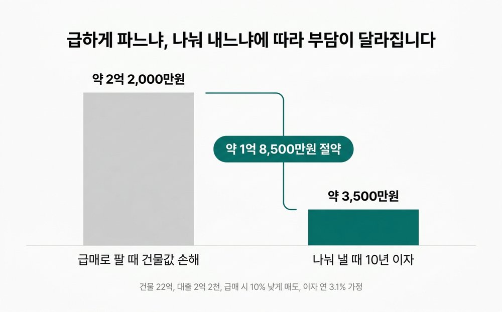 급하게 파느냐 나눠 내느냐에 따라 부담이 달라집니다. 급매로 팔 때 건물값 손해는 약 2억 2,000만원, 나눠 낼 때 10년 이자는 약 3,500만원으로 약 1억 8,500만원을 절약합니다.